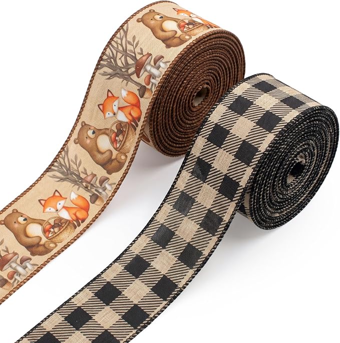 2 Rolls Fall Woodland Animal Ribbon, 2.56 Inch Wired Edge Ribbons by Unknown