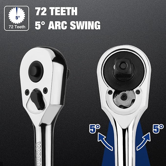 WORKPRO 1/2-Inch Drive Ratchet, Quick-Release Reversible Ratchet Wrench, 72-Tooth 1/2 Drive Ratchet Handle, Chrome Alloy Made, Cr-Mo Head, Full Polished
