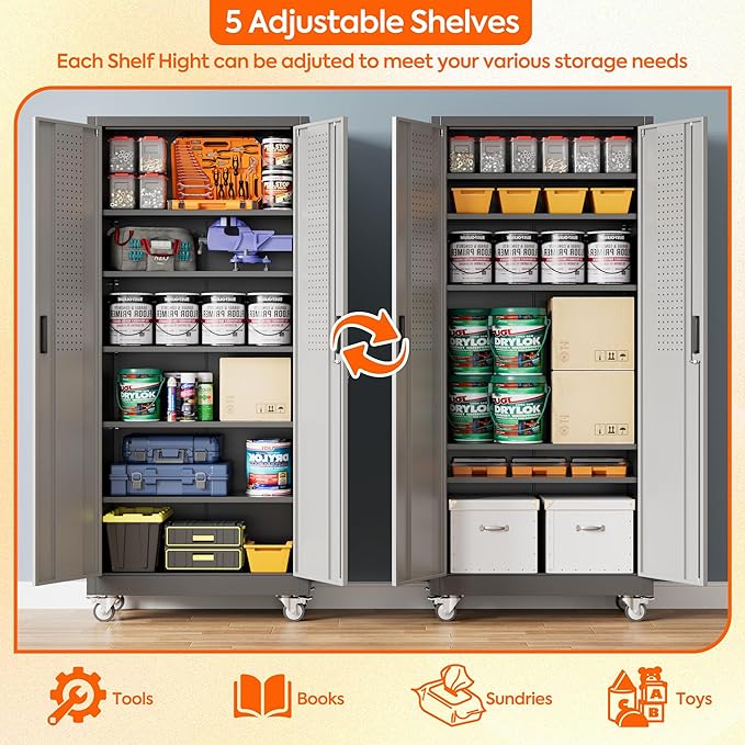 Metal Garage Storage Cabinet with Pegboard, 71''H*32" W*16" D Rolling Tool Cabinets on Wheels with 5 Adjustable Shelves for Garage Home Warehouse Utility Room, Assembly Required,Black and Grey