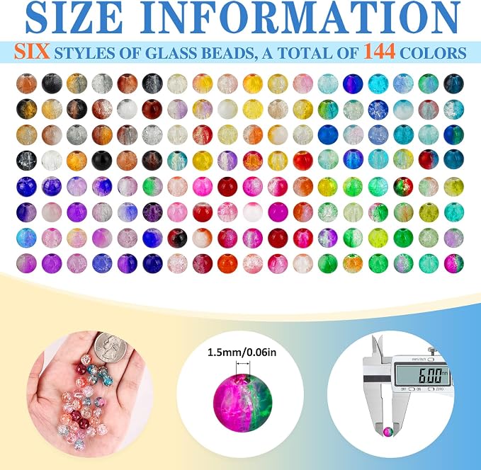 XSEINO About 144 Colors 1200PCS 6mm Glass Beads Bracelet Making Set, 6 Styles - Image 2
