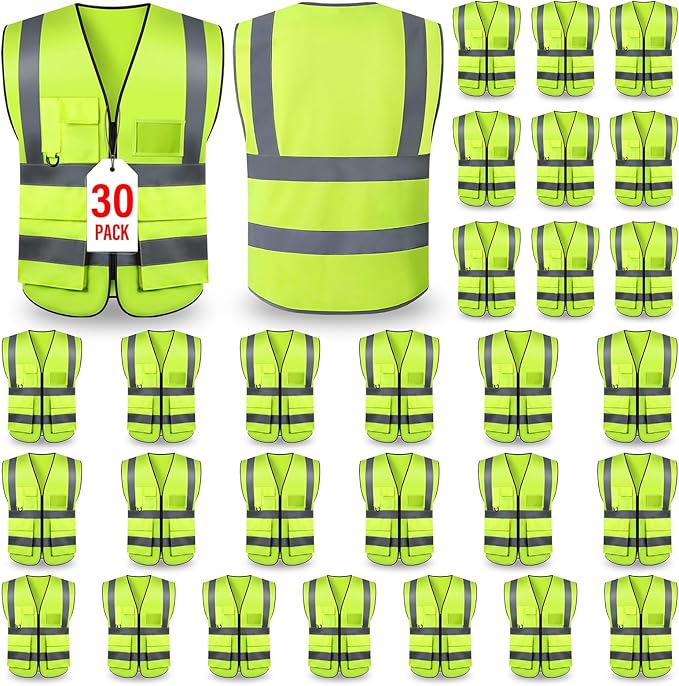 Safety Vests,Hi Vis Vest Reflective Vest with 5 Pockets and Zipper for Men Women, Neon Working Vest for Outdoor One Size