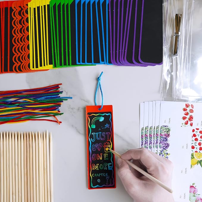 Winlyn 48 Sets 6 Styles Magic Color Scratch Bookmarks Craft Kits Rainbow - Image 2