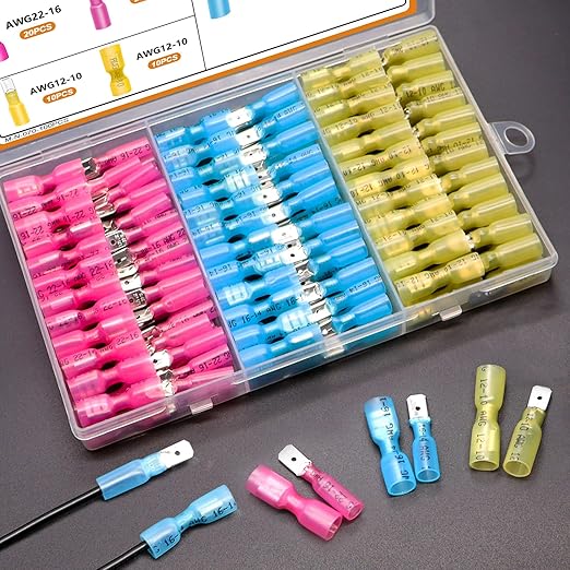 mankk 100PCS Heat Shrink Spade Connectors Kit with Crimping Tool,AWG 22-10 Electrical Waterproof Crimp Butt Terminals Female and Male Spade Terminals (Yellow/Red/Blue) M-N-070-100PCS+Tool