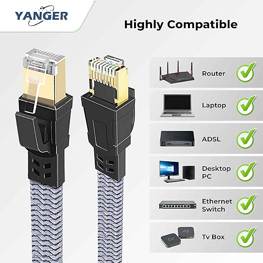 YANGER Cat8 Ethernet Cable 50FT，Nylon Braided High Speed Heavy Duty Network LAN Patch Cord, 40Gbps 2000Mhz with Gold Plated RJ45 Connector, Indoor&Outdoor for Modem/Router/Gaming/PC
