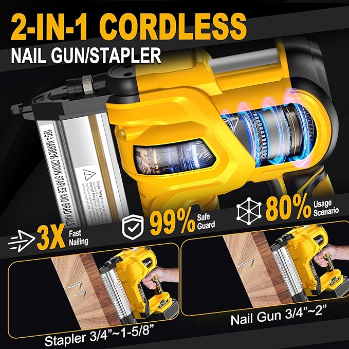 SILVEL 18 Gauge Cordless Brad Nailer, 2 in 1 Cordless Nail Gun/Electric Stapler, 2 * 4.0Ah Battery Powered Nail Gun, Fast Charging for Woodworking,Home Improvement, YELLOW