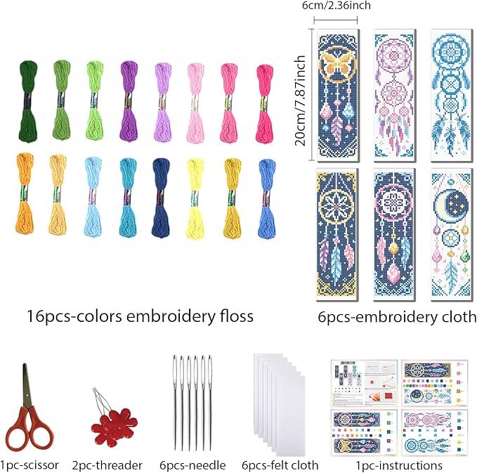 FREEBLOSS 6 Set Cross Stitch Bookmark Kits Dreamcatcher Pattern Stamped - Image 2