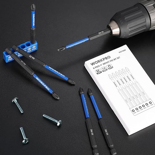 WORKPRO 6pcs PH2 Impact Phillips Screwdriver Bit Set, S2 Professional CNC Anti-Slip Magnetism Bits, 1/4" Hex-Shank #2 Phillips Impact Driver Bits, 4" Long Impact Screwdriving Bits with Holder