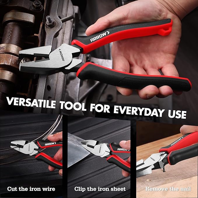 ARROW Linesman Pliers, 8-inch High Leverage Diagonal Pliers Tool with Comfortable TPR Handle, High Carbon Steel, Wire Cutter for Electric and Daily Use