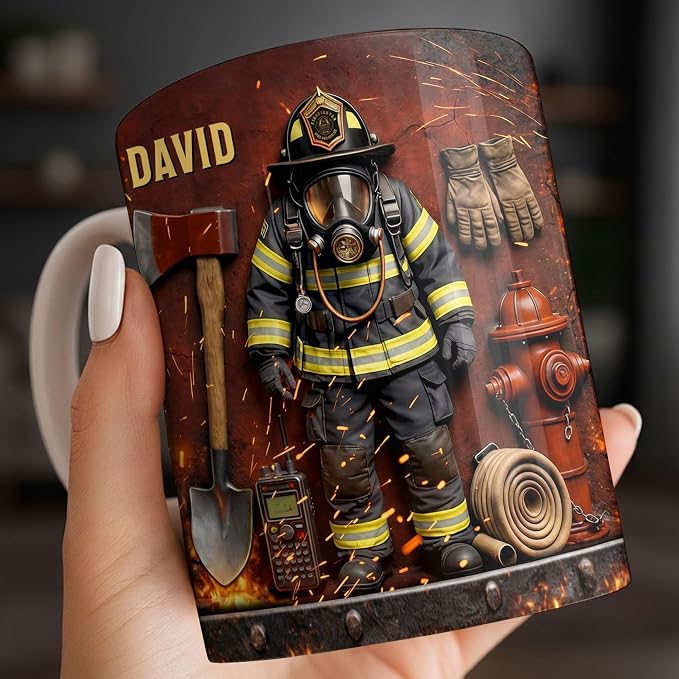 Personalized Firefighter Gifts for Men Dad Custom Name Mug, Fireman Gear Design - Image 5