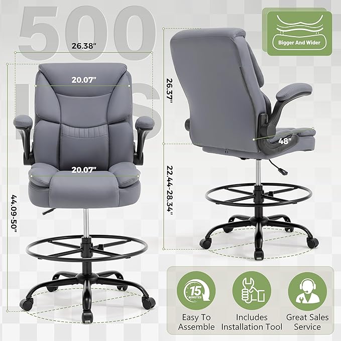 500LBS Drafting Chair, High Back Safer Standing Desk Chair, Executive Tall Office Chair with Flip-up Armrests, Upholstered PU Leather Task Chair, Ergonomic Seat with Adjustable Height&Foot Ring, Grey