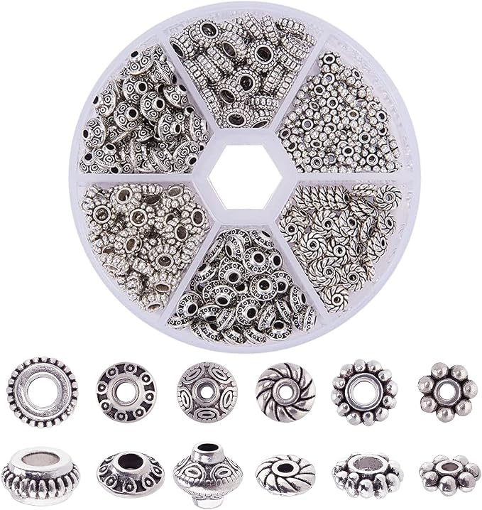 PH PandaHall 300pcs 6 Style Antique Silver Spacer Beads, Tibetan Metal Alloy by PHPandaHall