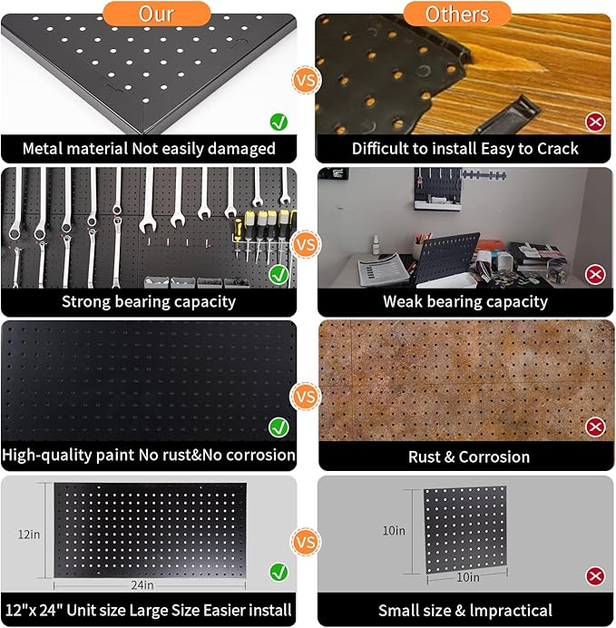 Pegboard Wall Organizer Metal Pegboard Panels Garage Peg Board Tool Organization, 3 Pack 24x12 inch Garage Peg Boards for Wall, Large Steel Black Pegboard Tool Board