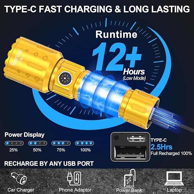 Flashlights High Lumens Rechargeable, Super Bright Long Range Small Powerful Flashlight, 6 Modes LED Tactical Pocket Waterproof Flash Light for Camping (2, Black/Gold)