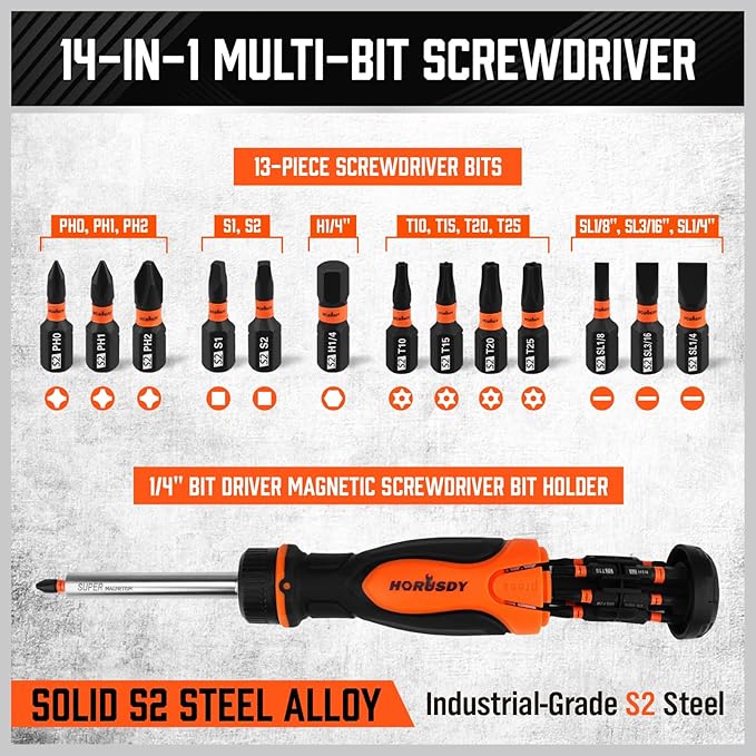 Magnetic Ratcheting Screwdriver Set: 14-in-1 Bits & 1/4" Driver, Multi-Sized Phillips, Slotted, Square, Torx, Hex for Garage & Daily Repair