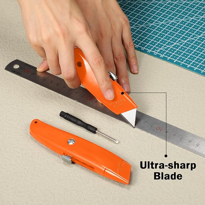 Reginary 20 Pcs Box Cutter Bulk Retractable Utility Knife Heavy Duty Aluminum Alloy Razor Knife for Cardboard Box Carton Opener for DIY, Factory, Home Office(Orange)