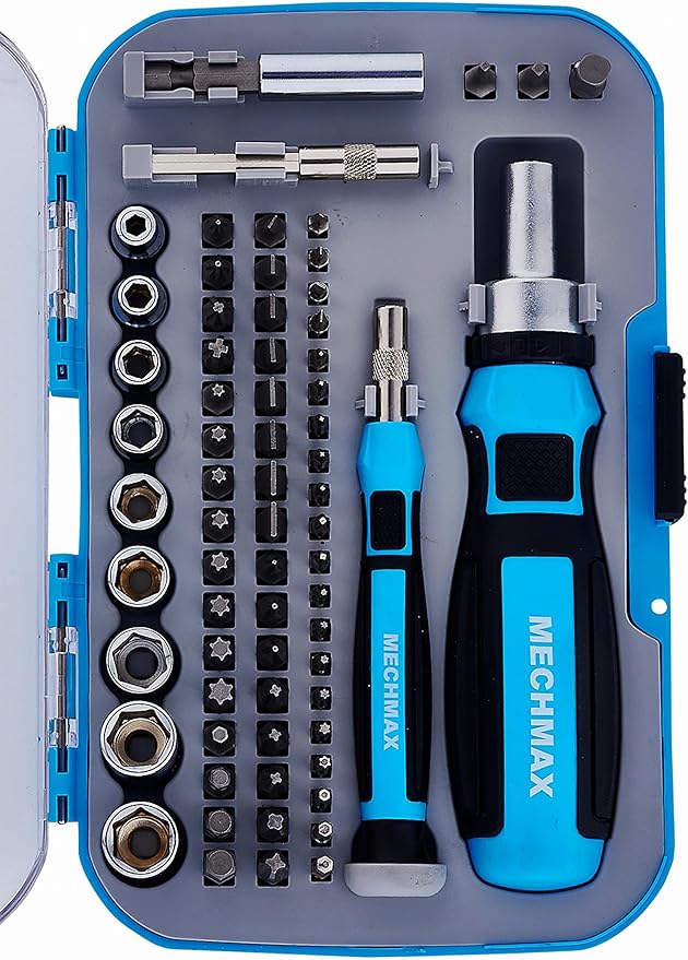 68 Piece MECHMAX Magnetic Ratchet Screwdriver Set, Socket and Interchangeable Bits Slotted, Phillips, Star, Precision Bits with Case for Home, Office, Car, Automotive, Ring Doorbell and as A Gift