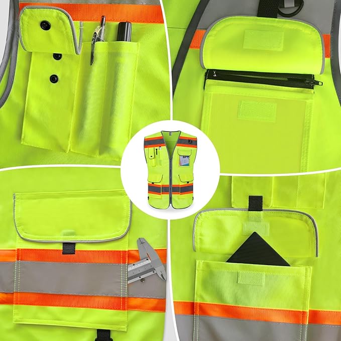 TCCFCCT High Visibility Vest 9 Pockets Reflective Safety Vest for Men Women, Hi Vis Construction Work Vest with Orange Extend Edge for Surveyors, Durable to Use, Meets ANSI/ISEA, (DB-Yellow, X-Large)