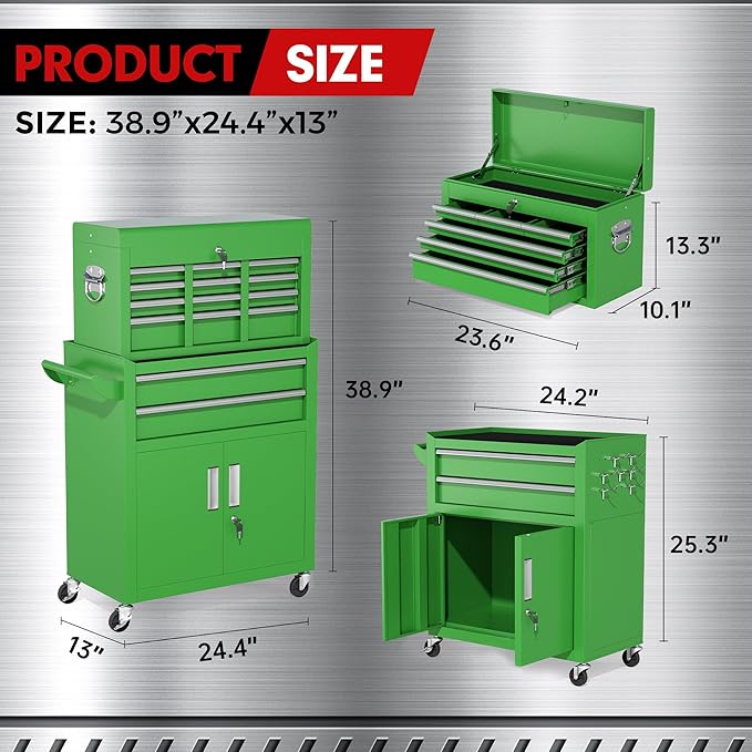 INTERGREAT Tool Chest, Assembled Tool Cabinet with 8 Drawers, Detachable Organized Tool Chests, Lockable Tool Cabinet for Workshop, Warehouse, Mechanics Garage (Green)