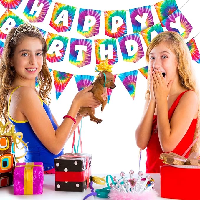 2 Pieces Tie Dye Birthday Party Banner Decorations Hippie Happy Birthday - Image 6