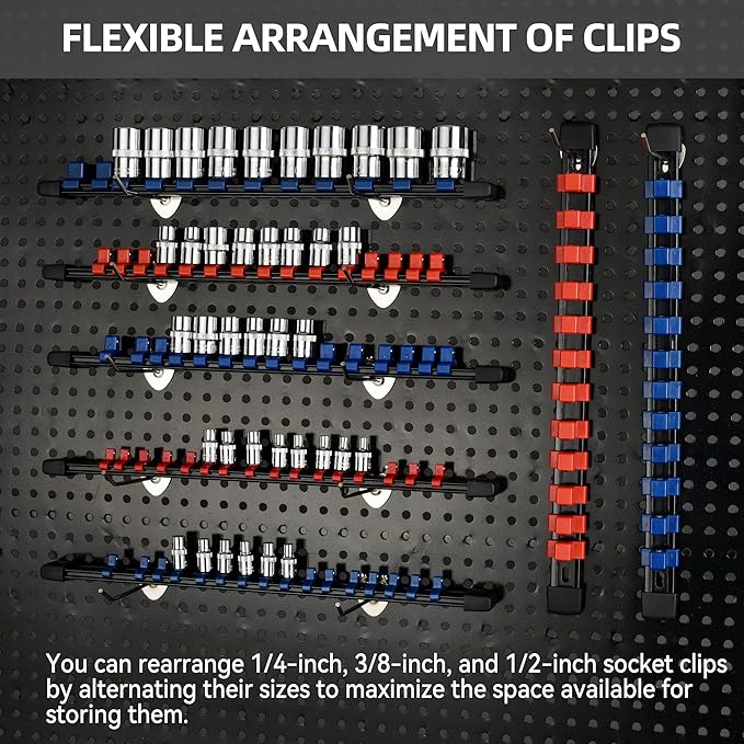 Socket Organizer Drive ABS Tools - Socket Holder, Premium Quality 6 Pieces Socket Holders Kit 1/4-Inch x 32 Clips, 3/8-Inch x 30 Clips, 1/2-Inch x 24 Clips