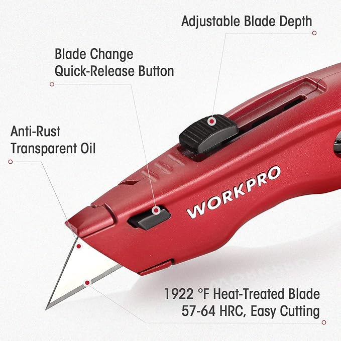 WORKPRO Premium Utility Knife, Retractable All Metal Heavy Duty Box Cutter, Quick Change Blade Razor Knife, with 10 Extra Blades, Set of 3 (Black, Red, Blue)