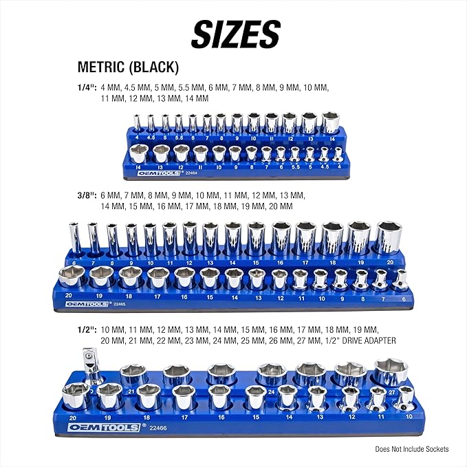 OEMTOOLS 22461 6 Pack Set Metric and SAE Magnetic Socket Tray Set, Green and Blue Socket Organizers, 1/4, 3/8, 1/2 Inch Drive Socket Organizer Tray Set