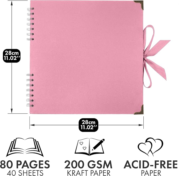 Bstorify Square Scrapbook Photo Albums 80 Pages Pink Thick Paper, Ribbon Closure - Image 2