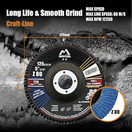 Merryland Flap Disc 5 inch Metal for Angle Grinder, 5inch 80 Grit T29 Flap Wheel 20 Pack, Blue Zirconium Corundum INOX Stainless Steel Iron Universal, Craft-Line FC1108414-20