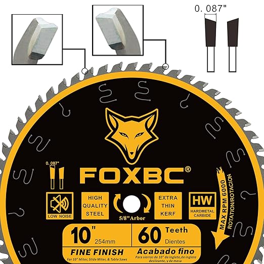 FOXBC 10 Inch Thin Kerf Fine Finish Crosscut Table Saw Blade, 60-Tooth ATB, with 5/8-Inch Arbor