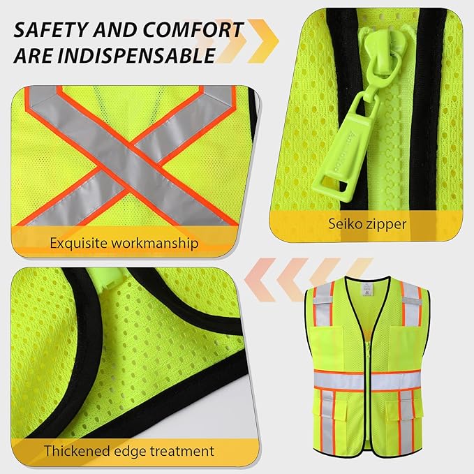 Class 2 Safety Vest with Zipper Front and multiple Pockets, High Visibility Vest, Meets ANSI/ISEA Standards