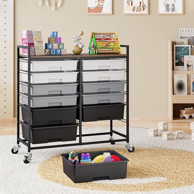 Rolling Storage Cart with 12 Drawers, Wooden Tabletop Utility Cart - Image 2