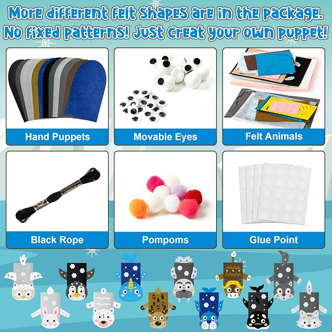 WATINC 12 Pcs Hand Puppet Making Kit, Art Craft Felt Sock Puppet Toys, Creative - Image 3