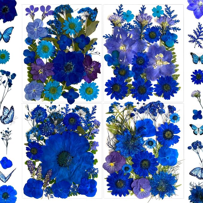 132Pcs Blue Pressed Dried Flowers and Butterfly by LUCISKY