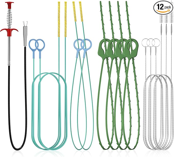12 Pack Snake Drain Hair Removal Tools, 35.5" Drain Clog Remover, 30" & 50" Steel Shower Snake, 30" Nylon Sink Snake, 59" Sink Unclogger Tool, Sink Cleaner Tool for Toilet, Bathroom, Shower, Kitchen