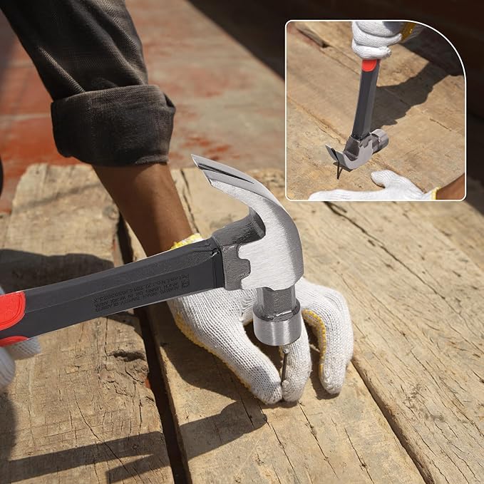 8OZ Claw Hammer with Fiberglass Handle, Drop Forged Claw Hammer, All Purpose Hammer, Smooth Face, Shock-Absorbing Grip