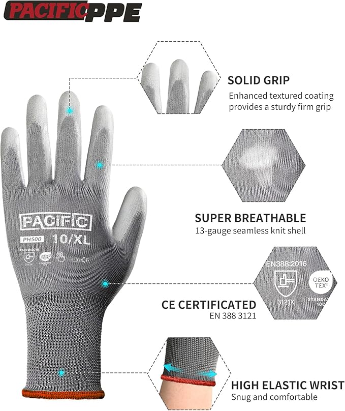 PACIFIC PPE Work Gloves for Men and Women, 18 Pairs Bulk Pack Mechanic Touchscreen Working Gloves, PU Coated, Mens Gardening Gloves, Lightweight, Grey, X-Large