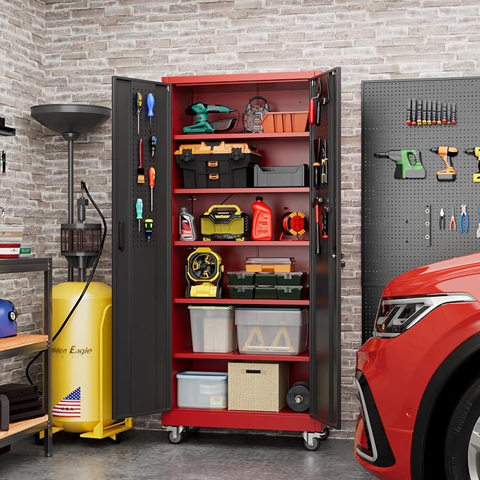 Metal Garage Storage Cabinet with Pegboard, 71''H*32" W*16" D Rolling Tool Cabinets on Wheels with 5 Adjustable Shelves for Garage Home Warehouse Utility Room, Assembly Required,Red and Black