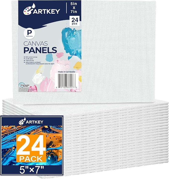 Artkey Canvas Boards 5x7 Inch 24-Pack, 10 oz Primed 100% Cotton White Blank by Artkey
