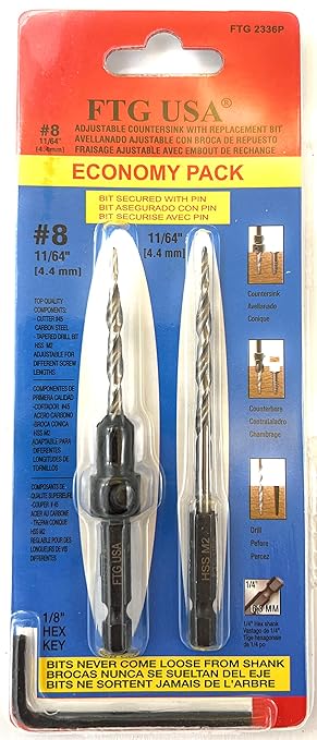 FTG USA Adjustable Wood Countersink Drill Bit #8 (11/64") with 1 Tapered Drill Bit for Woodworking
