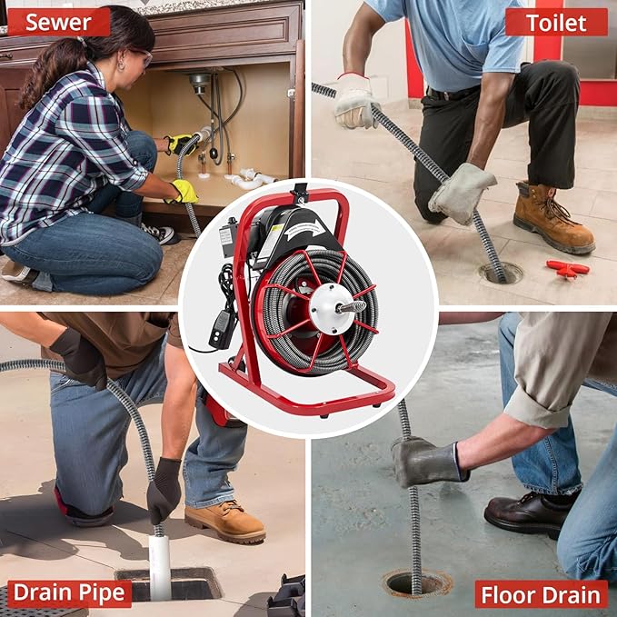 75Ft 1/2 Inch Electric Drain Cleaner Machine Auto Feed Drain Auger for 1 to 4 Inch Pipes Professional Sewer Snake with 4 Cutters Gloves Heavy Duty Clog Remover