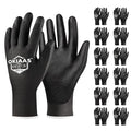 OKIAAS Work Gloves for Men，Ultra Thin and Lightweight Working Gloves with Grip, 12 Pairs Bulk Pack Construction Gloves with Polyurethane Coating for Light Duty Work (Black, XX-Large)