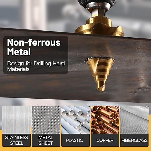 Titanium Step Drill Bit, 1/4" to 1-3/8" Spiral Flute Step Bit for Metal, 10 Sizes HSS Step Drill Unibit