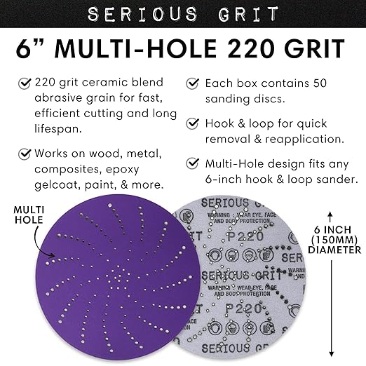 6-Inch 220 Grit Ceramic Multi-Hole Hook & Loop Sanding Discs - Advanced Grain for Fast Cutting & Long Life - Film-Backed Universal Fit Sandpaper for 6-in Sanders - 50 Pack Box