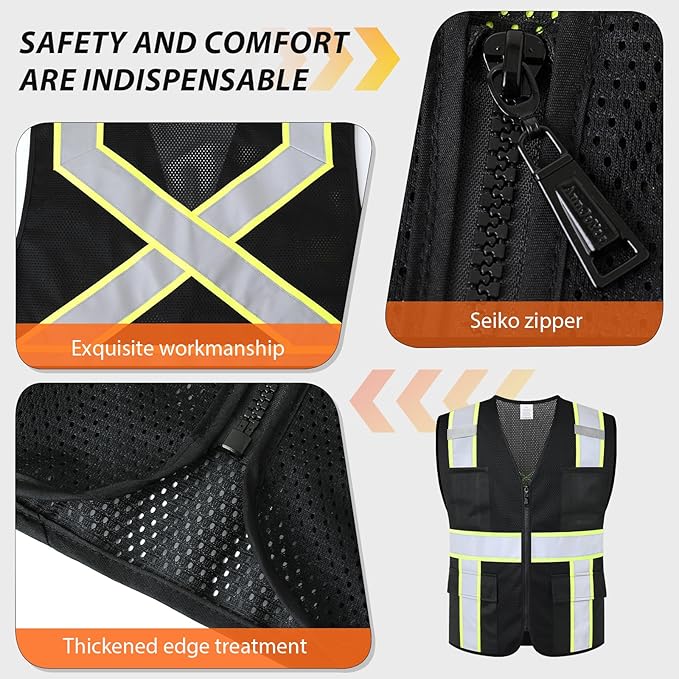 Class 2 Safety Vest with Zipper Front and multiple Pockets, High Visibility Vest, Meets ANSI/ISEA Standards