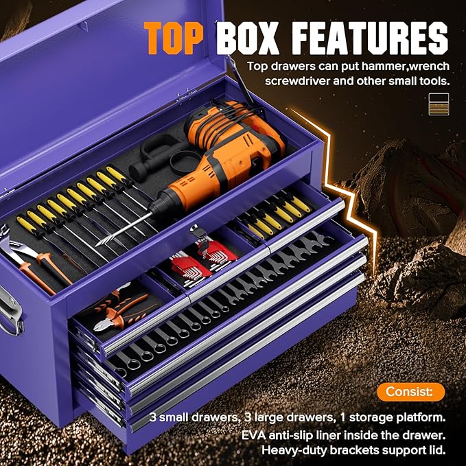 Crownland 8-Drawer Rolling Tool Chest with Wheels, Lockable 2 in 1 Detachable Tool Cabinet wit Drawers and Black Liners, Garage Top Toolbox & Bottom Storage Cart with Side Hooks(Purple)