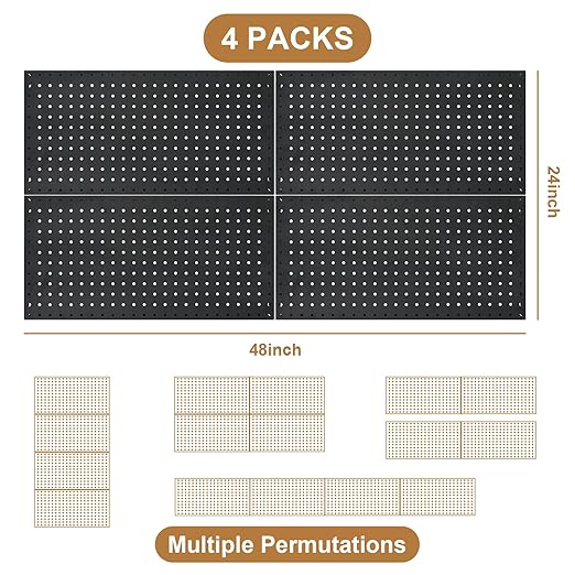 4 Packs 24"x12" Pegboard Wall Organizer, Metal Pegboard Panels Tool Organizer, Pegboard Storage System for Shop, Workbench, Black Metal Peg Boards for Walls