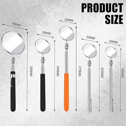 5 Pcs Telescoping Inspection Mirror Set Round Stainless Steel Mirror 360 Rotation Adjustable Inspection Tool with Long Handle for Check The Vehicle, Observe The Eyelashes, Mouth(Classic Style)