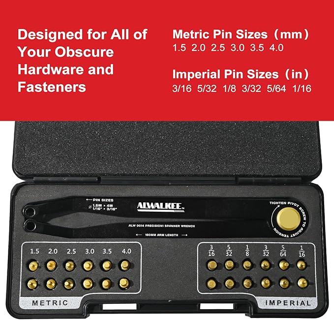 25-Piece Pin Wrench Set with Case, Precision Spanner Wrench - Adjustable Hook Spanner for Bearings, Pulleys & Obscure Fasteners - Metric & Imperial Steel Pins, 160mm Arms, 180° Rotation