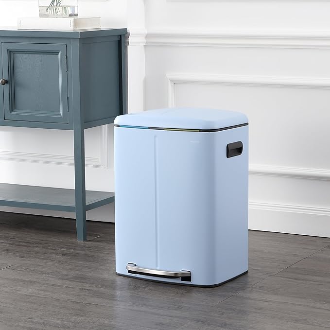 happimess HPM1005H Marco Rectangular 10.6-Gallon Double Bucket Trash Can with Soft-Close Lid, Tide Pool Blue, Fingerprint Resistant, Modern, Minimalistic for Home, Kitchen, Office, Bedroom, Bathroom