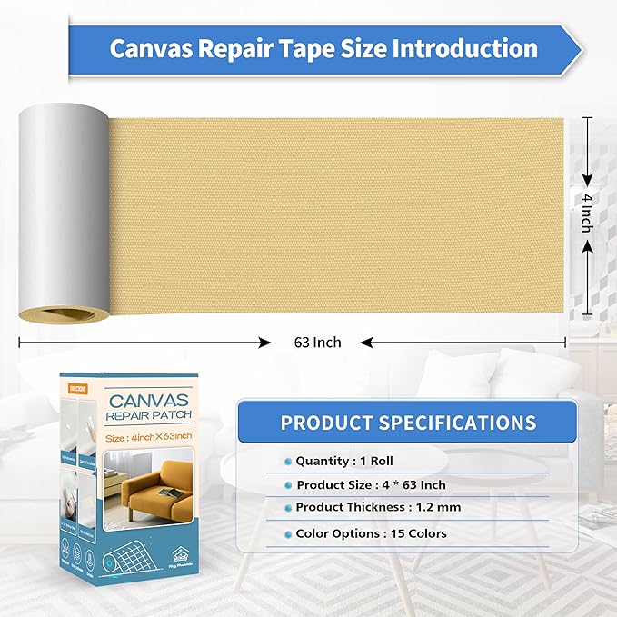 KING MOUNTAIN Canvas Repair Tape,Outdoor Gear Patch, 4×63 Inches,Waterproof,Self-Adhesive for Repairing Boat Covers,Sun Shades,Sofas,Tents,Lounge Chairs,Awnings (Beige-1)